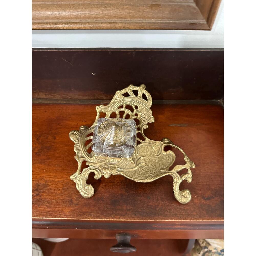 Vintage Andrea by Sadek Inkwell Ornate Solid Brass Art Nouveau Victorian Footed